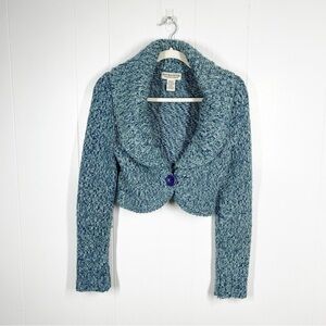 Next Era Couture Blue One Button Cropped Marled Long Sleeve Sweater Medium